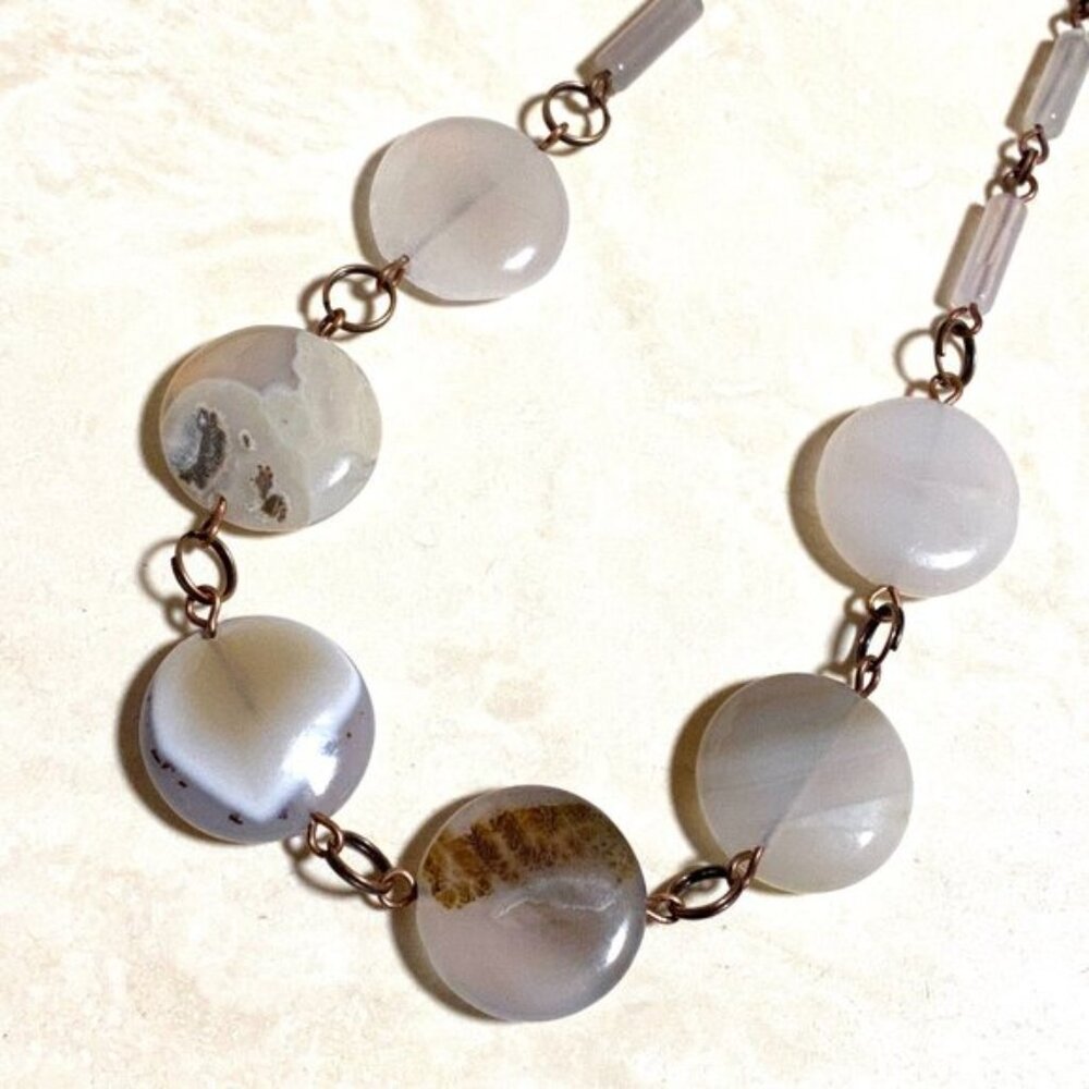 Geometric Agate Coin Necklace, Rustic Genuine Gemstone Copper Link Necklace